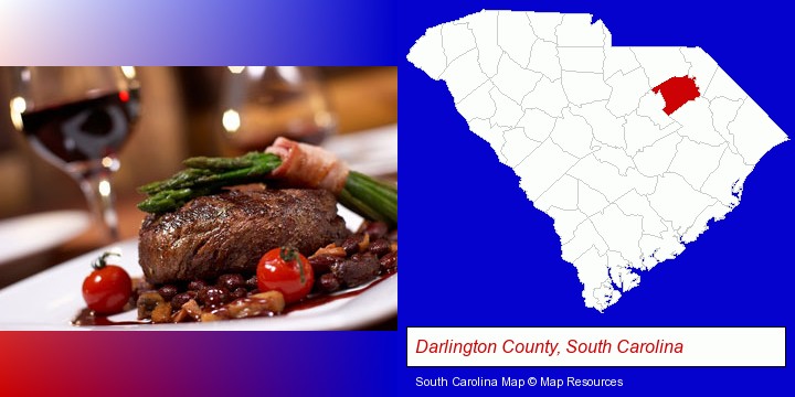 a steak dinner; Darlington County, South Carolina highlighted in red on a map