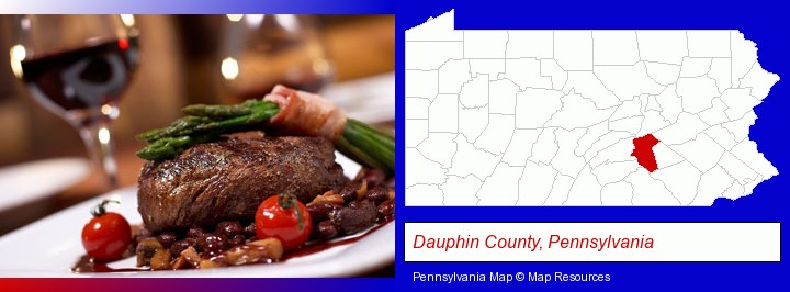 a steak dinner; Dauphin County, Pennsylvania highlighted in red on a map