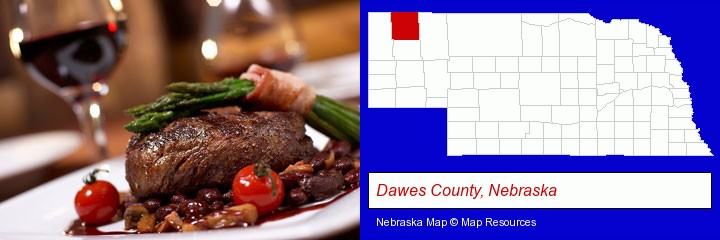 a steak dinner; Dawes County, Nebraska highlighted in red on a map