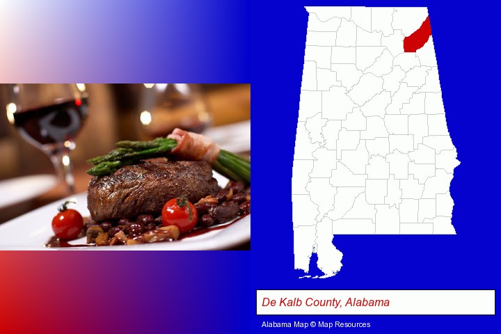a steak dinner; De Kalb County, Alabama highlighted in red on a map