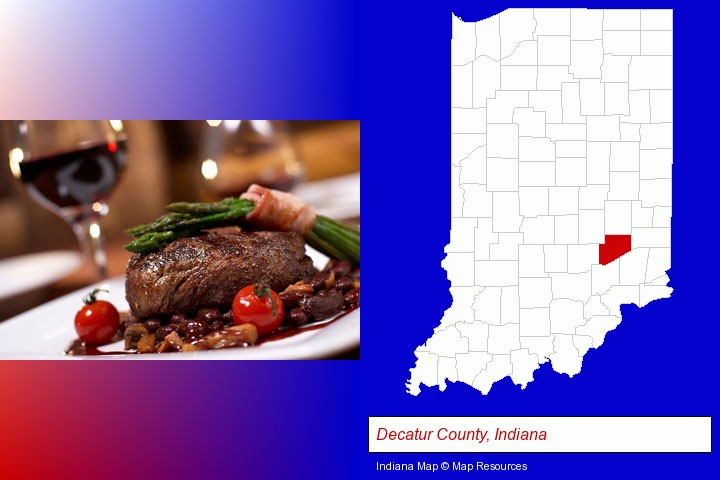 a steak dinner; Decatur County, Indiana highlighted in red on a map