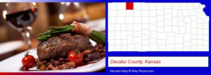 a steak dinner; Decatur County, Kansas highlighted in red on a map