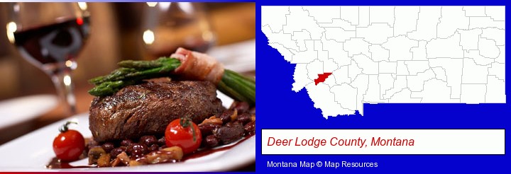 a steak dinner; Deer Lodge County, Montana highlighted in red on a map