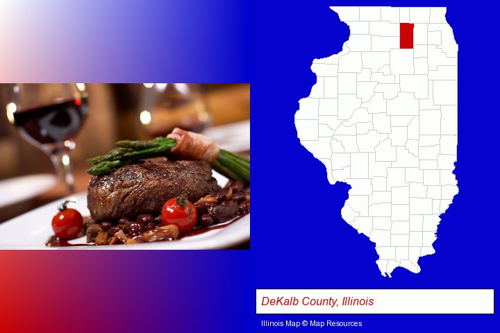 a steak dinner; DeKalb County, Illinois highlighted in red on a map
