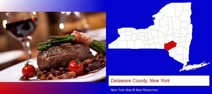 a steak dinner; Delaware County, New York highlighted in red on a map