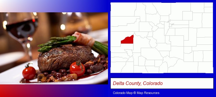 a steak dinner; Delta County, Colorado highlighted in red on a map