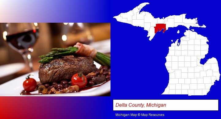 a steak dinner; Delta County, Michigan highlighted in red on a map