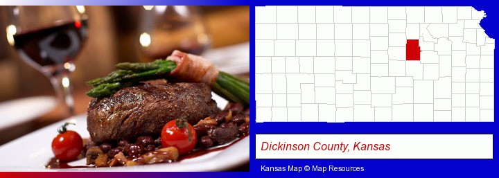a steak dinner; Dickinson County, Kansas highlighted in red on a map