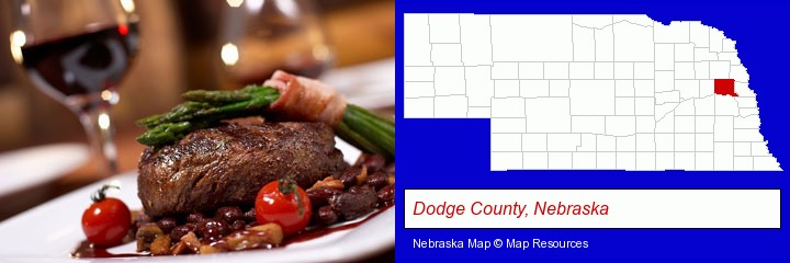 a steak dinner; Dodge County, Nebraska highlighted in red on a map