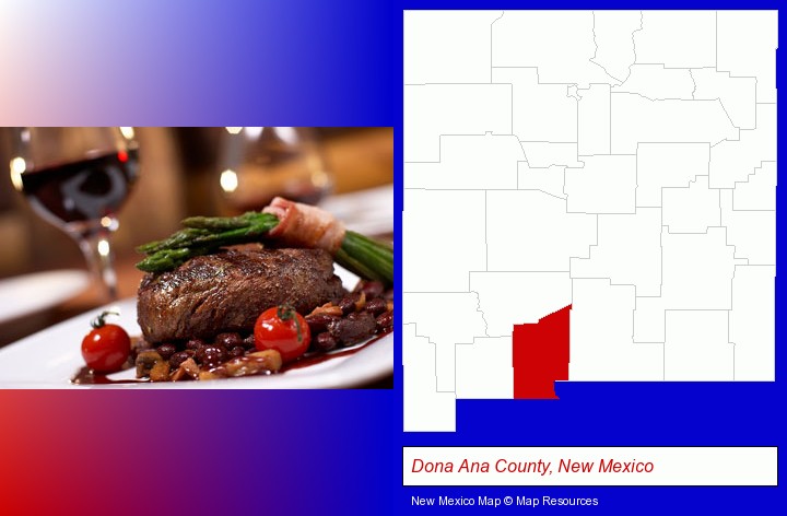 a steak dinner; Dona Ana County, New Mexico highlighted in red on a map