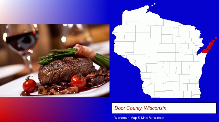 a steak dinner; Door County, Wisconsin highlighted in red on a map