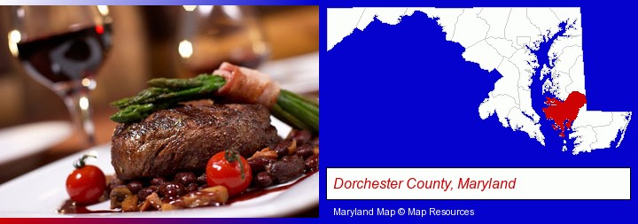 a steak dinner; Dorchester County, Maryland highlighted in red on a map