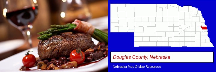a steak dinner; Douglas County, Nebraska highlighted in red on a map