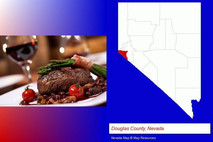 a steak dinner; Douglas County, Nevada highlighted in red on a map
