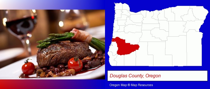 a steak dinner; Douglas County, Oregon highlighted in red on a map