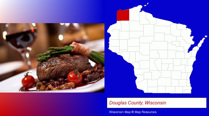 a steak dinner; Douglas County, Wisconsin highlighted in red on a map