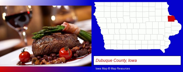 a steak dinner; Dubuque County, Iowa highlighted in red on a map