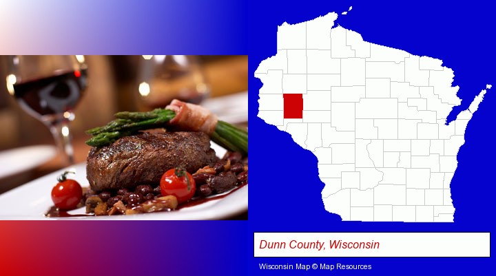 a steak dinner; Dunn County, Wisconsin highlighted in red on a map