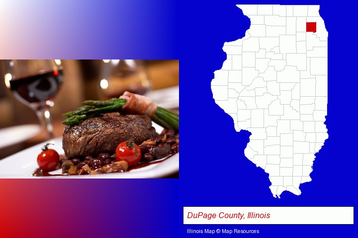 a steak dinner; DuPage County, Illinois highlighted in red on a map