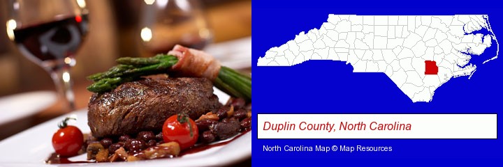 a steak dinner; Duplin County, North Carolina highlighted in red on a map