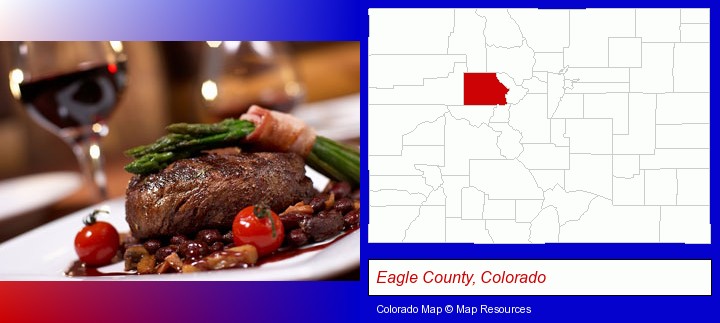 a steak dinner; Eagle County, Colorado highlighted in red on a map