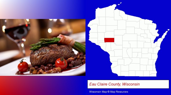 a steak dinner; Eau Claire County, Wisconsin highlighted in red on a map
