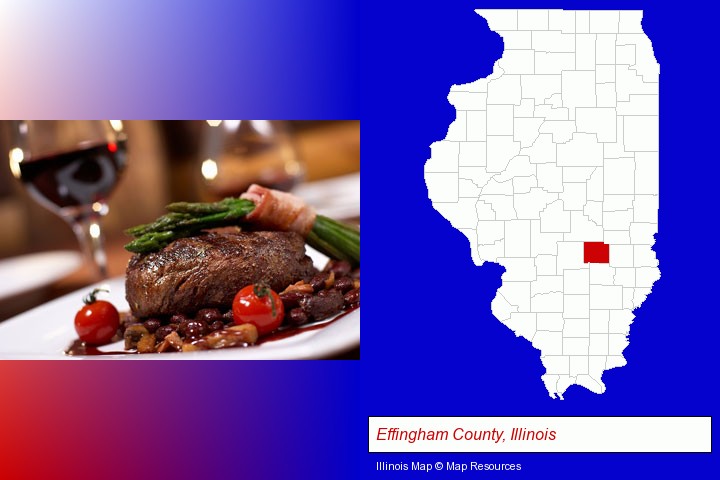 a steak dinner; Effingham County, Illinois highlighted in red on a map