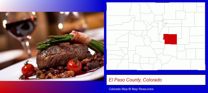 a steak dinner; El Paso County, Colorado highlighted in red on a map