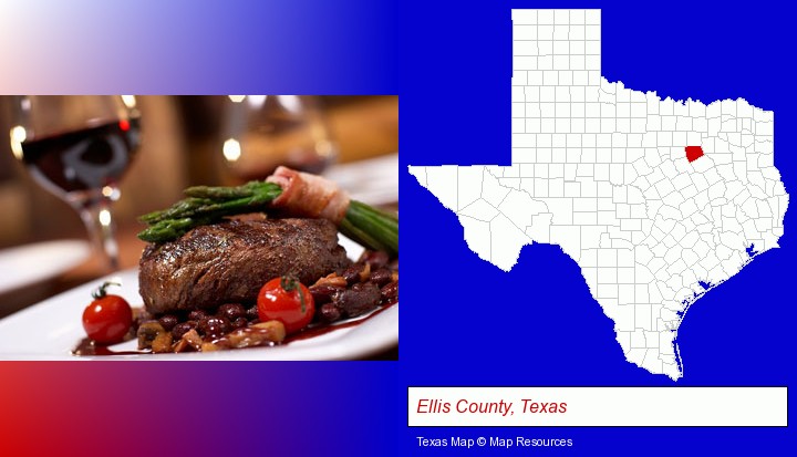 a steak dinner; Ellis County, Texas highlighted in red on a map