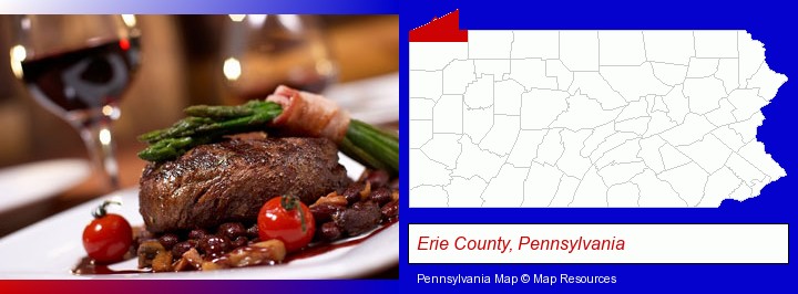 a steak dinner; Erie County, Pennsylvania highlighted in red on a map