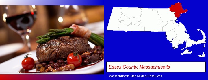 a steak dinner; Essex County, Massachusetts highlighted in red on a map