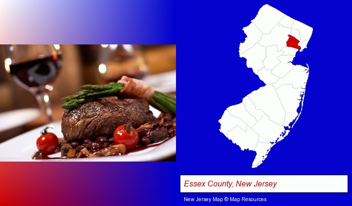a steak dinner; Essex County, New Jersey highlighted in red on a map