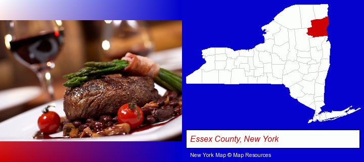 a steak dinner; Essex County, New York highlighted in red on a map