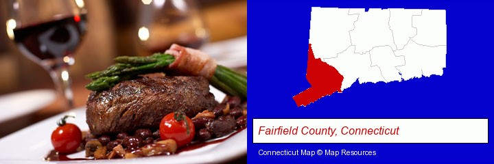 a steak dinner; Fairfield County, Connecticut highlighted in red on a map