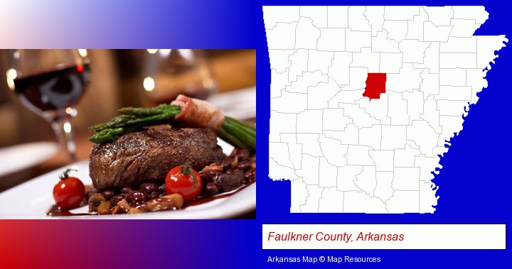 a steak dinner; Faulkner County, Arkansas highlighted in red on a map