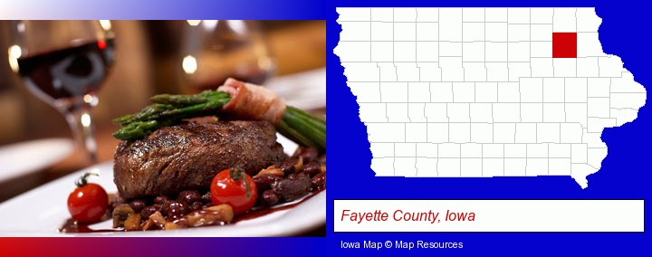 a steak dinner; Fayette County, Iowa highlighted in red on a map