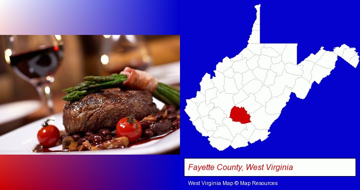 a steak dinner; Fayette County, West Virginia highlighted in red on a map