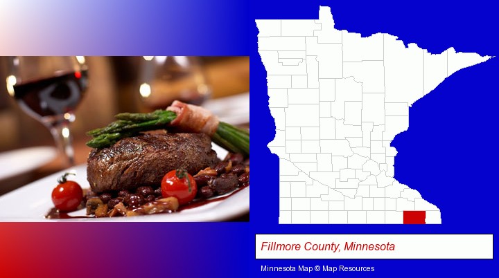 a steak dinner; Fillmore County, Minnesota highlighted in red on a map