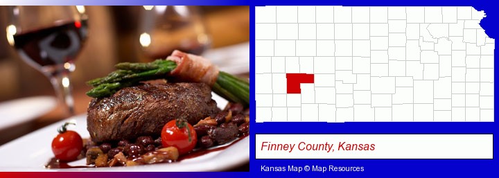 a steak dinner; Finney County, Kansas highlighted in red on a map