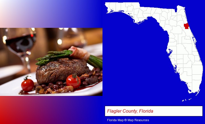a steak dinner; Flagler County, Florida highlighted in red on a map