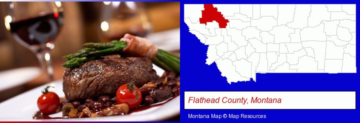 a steak dinner; Flathead County, Montana highlighted in red on a map