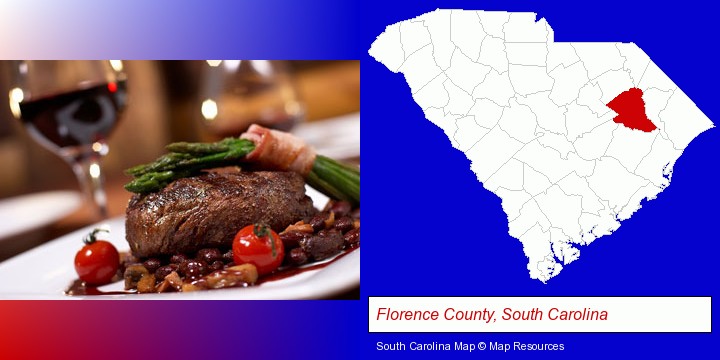 a steak dinner; Florence County, South Carolina highlighted in red on a map