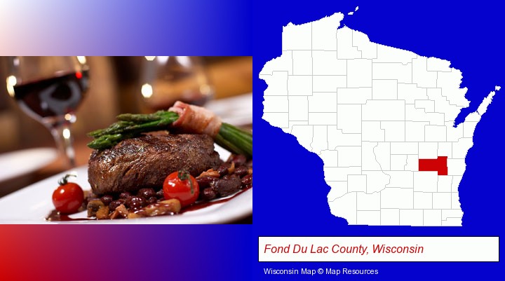 a steak dinner; Fond Du Lac County, Wisconsin highlighted in red on a map