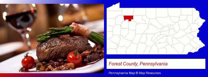 a steak dinner; Forest County, Pennsylvania highlighted in red on a map