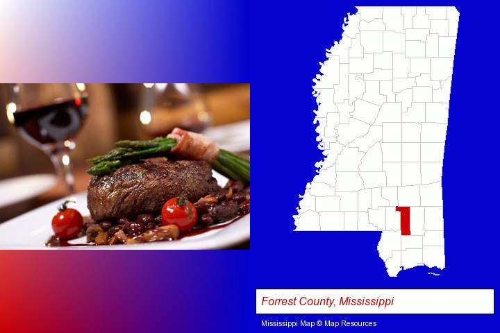 a steak dinner; Forrest County, Mississippi highlighted in red on a map