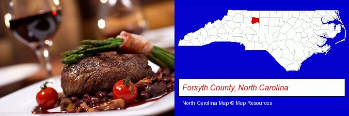 a steak dinner; Forsyth County, North Carolina highlighted in red on a map