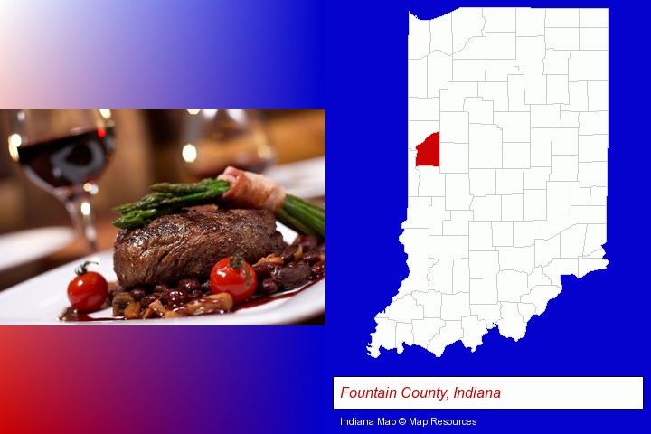 a steak dinner; Fountain County, Indiana highlighted in red on a map