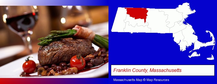 a steak dinner; Franklin County, Massachusetts highlighted in red on a map