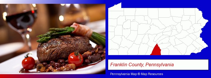 a steak dinner; Franklin County, Pennsylvania highlighted in red on a map