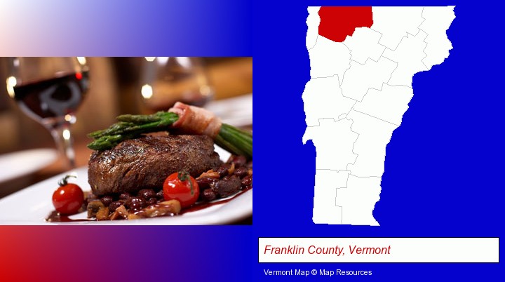 a steak dinner; Franklin County, Vermont highlighted in red on a map